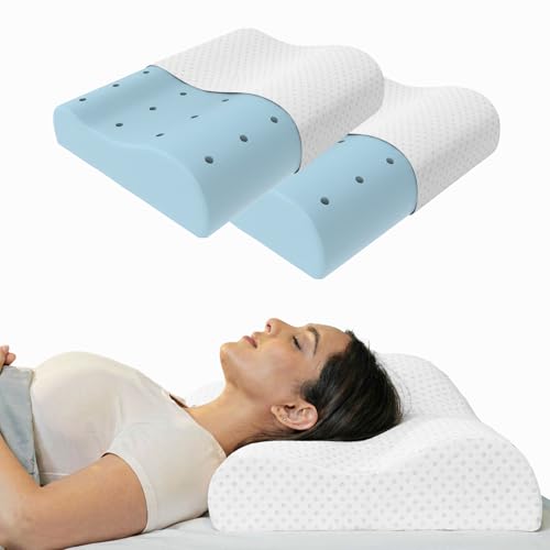 Image of WELLGIVER Cervical Gel Memory Foam Pillow for Neck Pain Relief - Ergonomic Orthopedic Pillow for Sleeping, Contoured Support for Side, Back & Stomach Sleepers | White | Pack of 2 | 19 x 11 x 3.5 Inch