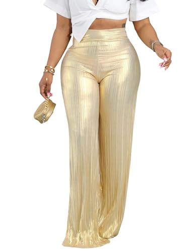 Yuopeid Women's Sexy High Waist Shiny Palazzo Night Club