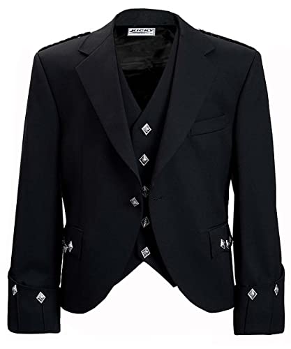 Argyle Jacket With Waistcoat, Black Color, Wool, Kilt Jacket, Argyle kilt jacket for men, Highland jacket, Highland Wear