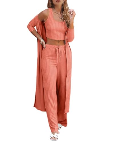 Image of Fessceruna Womens 3 Piece Lounge Pajamas Sets Cute Vacation Matching Set | Pj Sets, Airport Travel Outfits, Bedroom, Winter Fall Loungewear , Cotton, Christmas