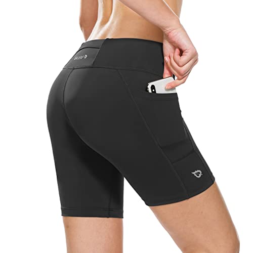 BALEAF Women s 7 Compression Yoga Long Shorts Spandex with Pocket Workout Running Black Size S