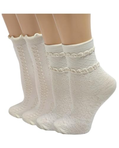 Image of Opa! Women White Lace Ruffles Socks Cottagecore Floral Frilly Sock Thin Cotton Summer Crew Socks -Soft Breathable.