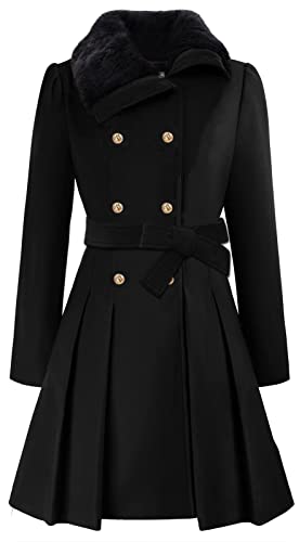 Womens Fashion Detachable Faux Fur Lapel Double-Breasted A Line Wool Trench Pea Coat Jacket With Belt #TOP1