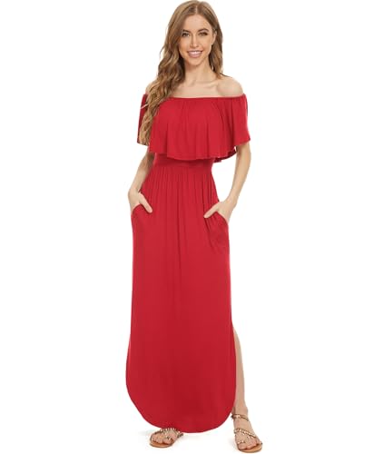 Image of LILBETTER Womens Off The Shoulder Ruffle Party Dresses Side Split Beach Maxi Dress