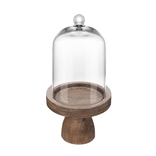 twakutwaku 5" Wide Clear Glass Cloche Dome with Wooden Pedestal In Vintage Natural, Rustic Style (Vintage, Small)