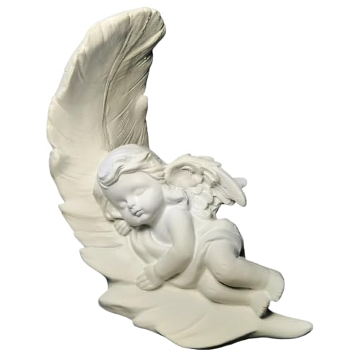 LWDUDE Baby Cherub Angel Statue Left-Sleeping, Small White Angel Figurine with Wings on Moon & Feather Base, Resin Guardian Angel Decor for Catholic Altar Garden Desk Bedside (4.3IN)