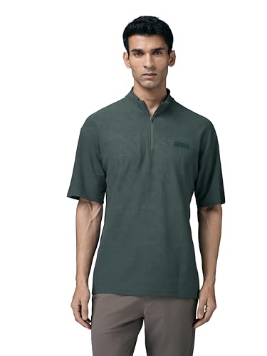 TECHNOSPORT Men's Regular Fit Self Design High Neck Active Out T-Shirt for Casual Wear, Gym and Sports - (MTP910TRN_Trekking Green_L)