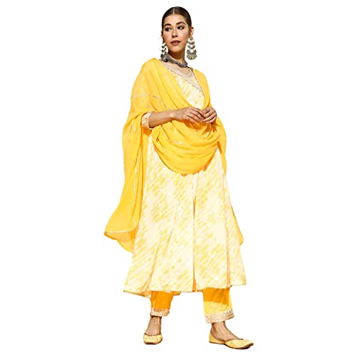 Image of ishin Women's Silk Tie & Dye Zari Embroidered Anarkali Kurta Trouser Dupatta Set