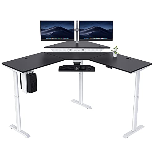 Image of VERSADESK 72 inch x 72 inch Electric L-Shaped Corner Standing Desk, Commercial Grade Height Adjustable Sit Stand Workstation, Ergonomic Computer Desk for Home Office, White Frame, Black Surface