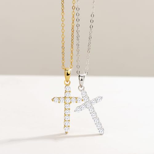Sterling Silver Cross Necklace Gold Plated,5A CZ Diamond Infinite Elements,18"+2" Silver Chain,Classic Cross Faith Jewelry Gifts for Daughter Wife4