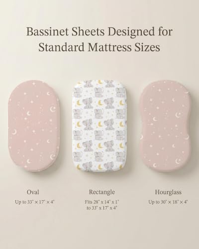 Image of Bassinet Sheets for Baby Girls Boys 2 Pack, Fitted Baby Mattress Sheet for Rectangle, Oval, Hourglass Bassinet Mattress, Breathable Cozy & Universal Fit (Elephant Dream, Bassinet Sheet)