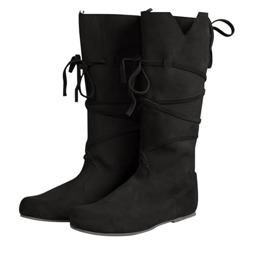 Stiefel für Damen und Herren im Frühling und/Winter, mit flachem Absatz, dicker Sohle, Schnürung, mittelalterliches Rollenspiel, runde Zehenpartie, Schnürung, Outdoor Schuhe Damen (Black, 36)