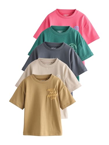 NEXT Jungen T-Shirt mit Kleiner Grafik und kurzen Ärmeln, 5er-Pack Green/Charcoal/Stone/Pink/Brown 92-98