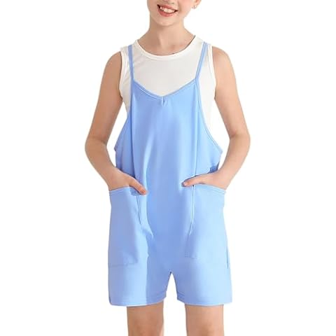Weixinbuy Girls' Jumpsuits & Rompers Summer Clothes Sleeveless Spaghetti Strap Loose Kids Shorts Overalls with Big Pockets Cover