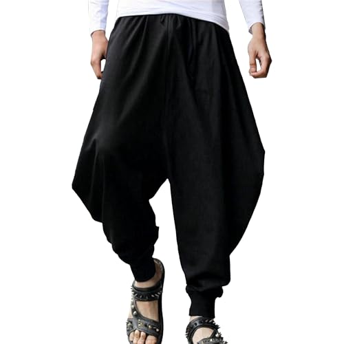 Mens Drop Crotch Drawstring Trousers Casual Loose fit Harem Pants Regular Elastic Waist Harem Pants
