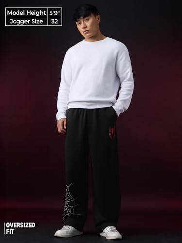 Image of The Souled Store Spider-Man: Wallcrawler Men and Boys Elastic Waistband Black Embroidered Cotton Blend Oversized Fit Lightweight Fleece Korean Joggers