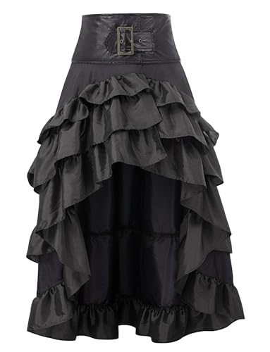 Women’s Renaissance Vintage Skirt Fashion Steampunk Bustle Skirt Ruffle Victorian Pleated Skirt High Low Plus Size Gothic Skirt Black XL