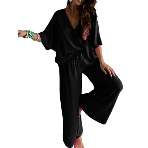 Plus Size Lounge Sets for Women 2 Piece Summer Outfits Batwing Sleeve V Neck Tops Wide Leg Pants Comfy Pajamas 2025