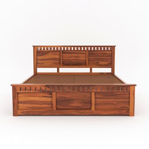 Image of Sheesham Wood King Size Bed with Storage Box | Wooden Box Bed King Size Double Cot Bed with Storage for Bedroom | Premium Kuber Dalla Design Headboard Bed for Hotel, Home | Honey Finish