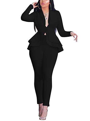 Pant Suits for Women - Elegant Two Piece Outfits Long Sleeve Blazer + Skinny Pants Sets X-Large Black