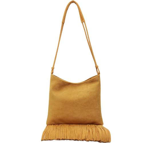 Tassels Suede Shoulder Bags for Women Retro Crossbody Bag Winter Slouchy Bucket Purses Handbag Fall