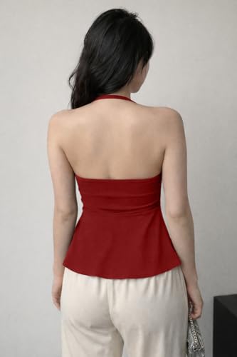 Image of TIVANTE Women's Halter Neck Peplum Top, Sleeveless Backless Fitted Top