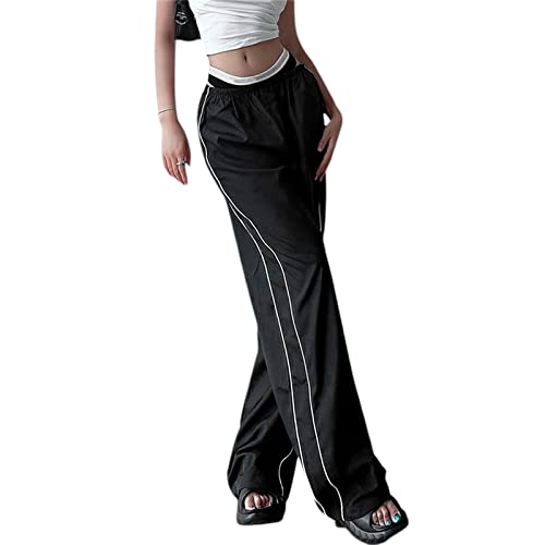 Womens Y2k Baggy Cargo Trousers Casual Elastic Waist Wide Leg Joggers Solid Color Track Pant with Pockets Streetwear3