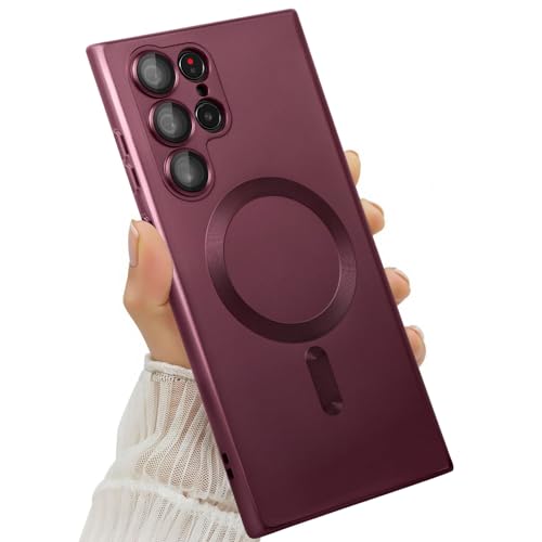 Amzfield Magnetic for Samsung Galaxy S22 Ultra Case for Women Men Girls [Compatible with MagSafe] [Camera Lens Protector] Matte Cute Slim Soft Silicone Bumper Shockproof Metallic Phone Case Burgundy