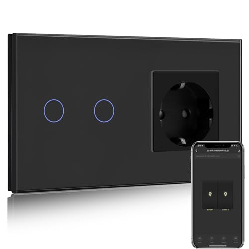 BSEED Presa normale con interruttore della luce Smart Alexa, compatibile con Alexa, Google Home, interruttore touchscreen in vetro, interruttore della luce intelligente a 2 scomparti, 1 via, presa 16