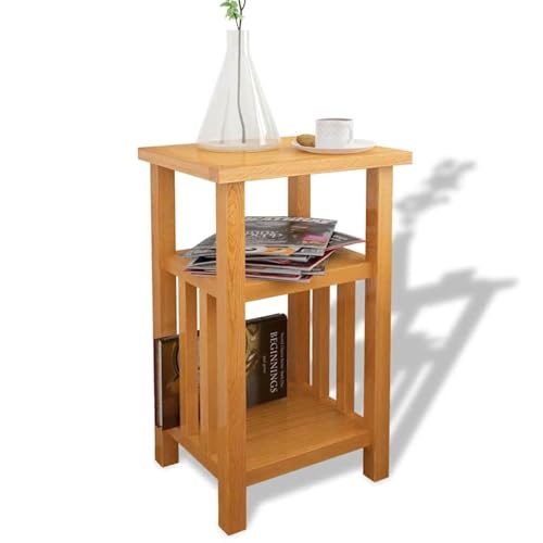 vidaXL Table de Chevet, 27x35x55 cm, Chêne Massif & Placage MDF, Marron, Table de Nuit Compacte, Avec 2 Étages & Porte-Revues, Style Moderne, Pour Chambre ou...