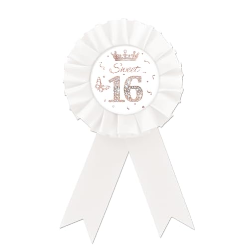 Sweet 16 Tinplate Badge Pin, Sweet Sixteen Button Pin, Rose Gold Crown Happy Birthday White Rosette Badge Pin for Girl, Diamond Brooch Buttons for 16th Birthday Party