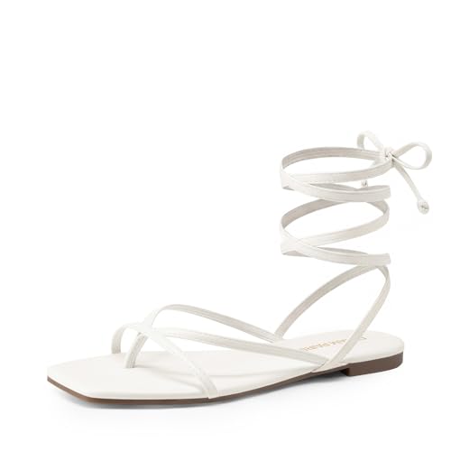 DREAM PAIRS Womens Strappy Flat Sandals - Comfortable Lace Up Gladiator Dressy Sandals Square Toe Tie Up Walking Sandal Summer Wrap Up Vocation Sandal Mermaid Shoes Size 8 White SDFS26010W