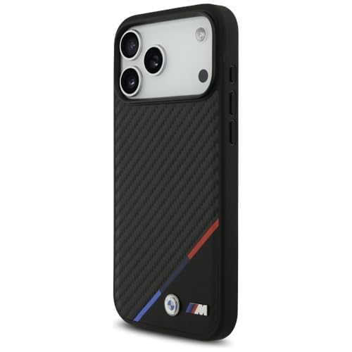 Image of CG MOBILE BMW [Official Licensed] Protective Case Designed for iPhone 17 Pro Max |Magnetic Compatible|M Collection|Pu Leather Case Carbon & Tricolor Stripe with Metal Logos -Black