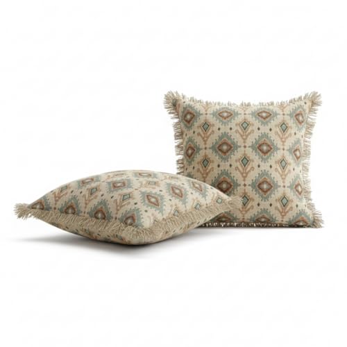 Image of Cotton Cushion Covers 16x16 Inch | Set of 2 | Handwoven Printed Brown Decorative Square Cushion Case with Fringe | Sofa, Living Room, Bedroom, Diwan Home Decor Throw Cushion Cover