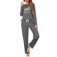 Terecey Pyjama Damen Lang Schlafanzüge Set Rundhals Drucken Oberteile und Elastischer Bund Pyjamahose mit Taschen Baumwolle Loungewear Langärmlig Frauen fur Herbst und Winter, Dunkelgrau S