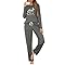 Terecey Pyjama Damen Lang Schlafanzüge Set Rundhals Drucken Oberteile und Elastischer Bund Pyjamahose mit Taschen Baumwolle Loungewear Langärmlig Frauen fur Herbst und Winter, Dunkelgrau S