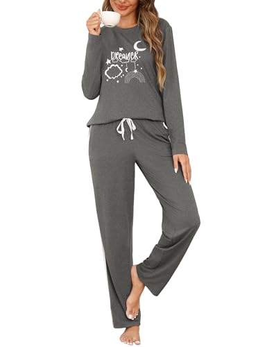 Terecey Schlafanzug Damen Lang Pyjama Set Baumwolle Zweiteiliger Nachtwäsche Rundhalsausschnitt Drucken Sleepwear Langarm und Schlafhose mit Taschen...