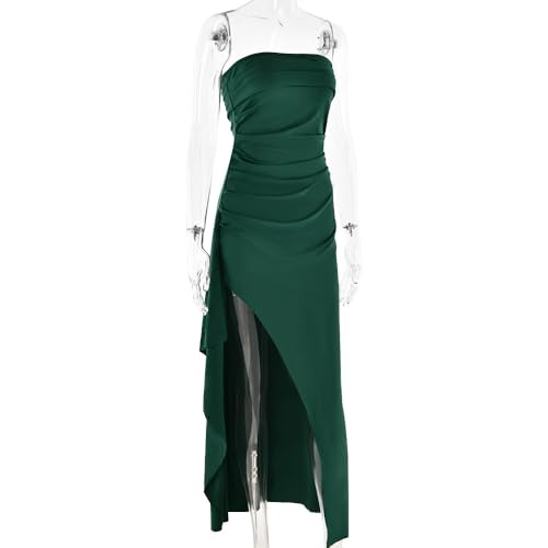 Image of Women's Sexy Strapless Backless High Split Long Maxi Dress Ruched Off Shoulder Sleeveless Bodycon Party Cocktail Dresses