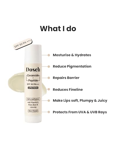 Image of DOSCH Non-Tinted Lip Balm-Lipscreen SPF 50 PA+++ | 2% Peptides, 2% Ceramides & 10% Natural Squalane | With Vitamin E | Brightening Lip Balm for Dark, Pigmented & Chapped Lips | 5 g | 24H Moisturization & Hydration | Kojic Acid & Licorice |For Women & Men