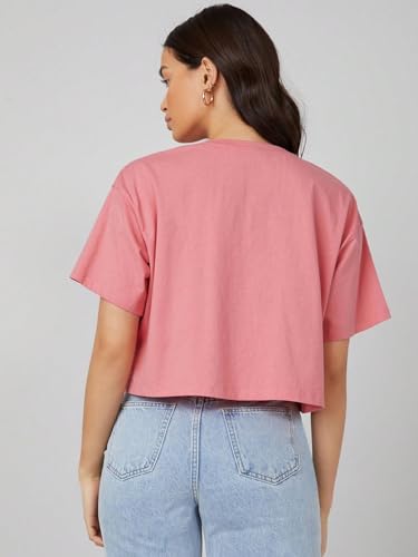Image of KOTTY Women's Solid Cotton Blend Oversized Crop T-Shirt | Casual Summer Tee