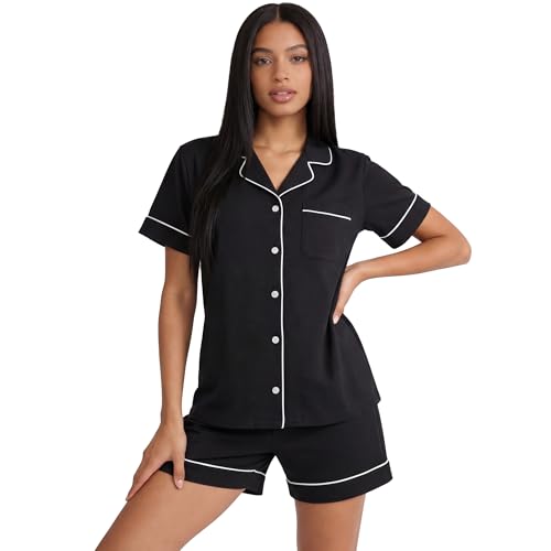 Image of HEARTNICE Pajamas for Women, Button Down Pajama Shorts Set Summer Solid Pjs Sets