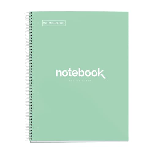 Miquelrius - Cuaderno A4, Notebook Emotions, 80 Hojas de 90 g/m², Libreta Puntos (Dots), 1 Franja de Color, Espiral Microperforado, Tapa Extra Rígida, 4 Taladros, Verde Menta