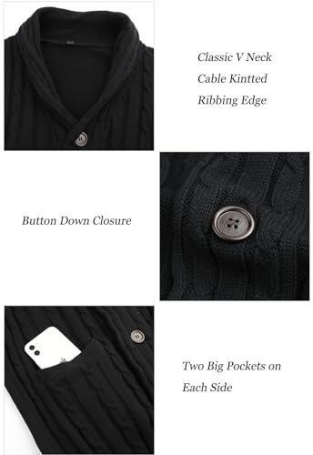 Suwangi Men's Cardigan Sweater Cable Knitted Shawl Collar Cardigans for Men V Neck Long-Sleeve Button-Down Slim Fit Sweater4