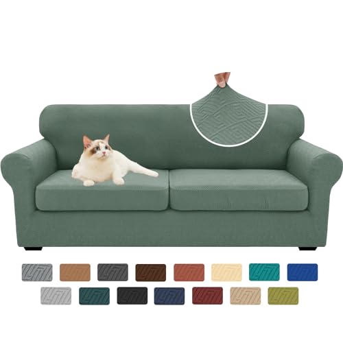 XINEAGE New 3 Pieces Couch Covers for 2 Extra Large Cushion Sofa Super Stretch Sofa Cover for 2 Large Seat Universal Loveseat Slip Cover for Living Room (Pea Green), 71"-91"(2 Cushions)