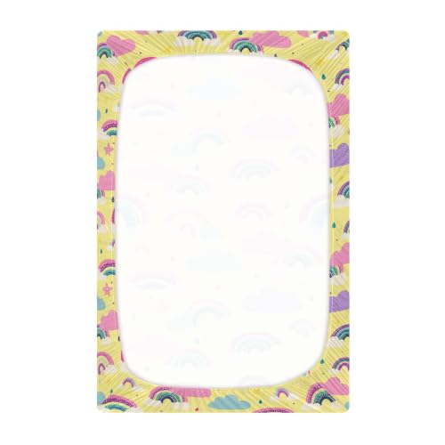 Image of Crib Sheet Breathable Soft Crib Mattress Sheet for Baby Toddler Boys Girls Fitted Pack n Play Crib Sheet Fit Standard Crib Mattress 52 x 28 Inch Cute Yellow Rainbow Cloud