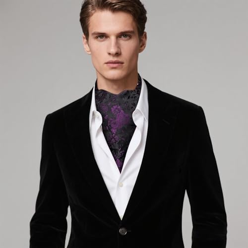Image of Hi-Tie Silk Ascot for Men Self Tie Men's Cravat and Flower Lapel Pin Handkerchief Cufflinks Set for Wedding Party