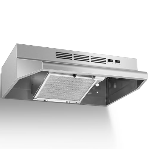 Tieasy Under Cabinet Range Hood 24 Inch 400 CFM Stainless Steel Convertible Vent Hood with 2 Speed Exhaust Fan and Rocker Switch Control Ducted/Ductless Kitchen Hood with Multiple Venting Options