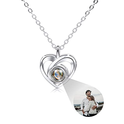 INBLUE Colgante con Imagen de Proyección Personalizada Collar de Plata de Ley 925 Colgante en Forma de Corazón Cumpleaños para Ella/Mujer/Novia/Joyería para Mamá