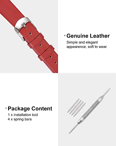 sourcing map Red Genuine Leather Band 12mm Width, Flat Thin Elegant Leather Watch Strap for Women