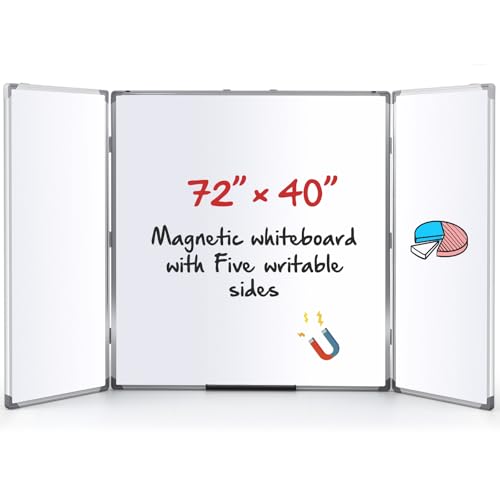 Image of AmazingSpark 72 inch x 40 inch Foldable Whiteboard Dry Erase Board Large Tri Folding Whiteboard Magnetic Dry Erase Board, Wall Aluminium Frame and Pen Tray for Office, Home